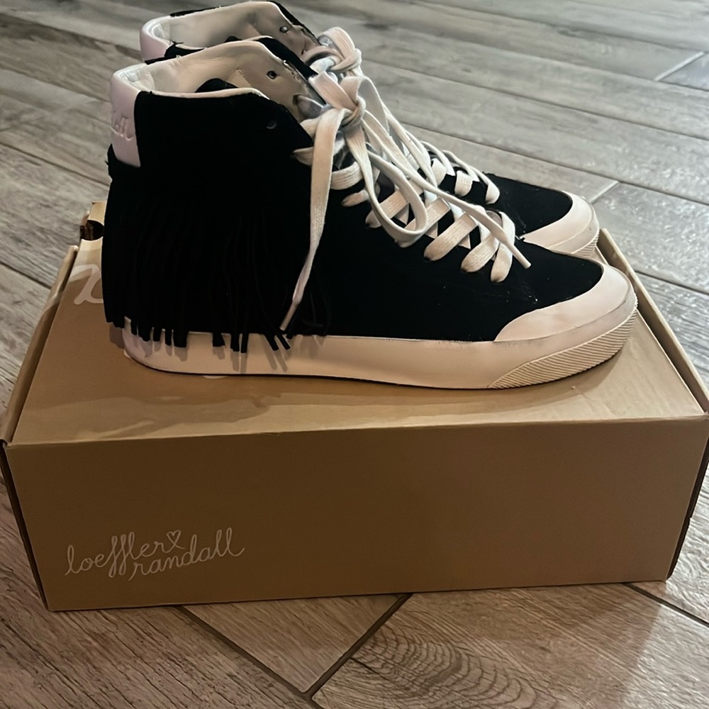 EUC Loeffler Randall high top Suede leather sneakers with back fringed trim.